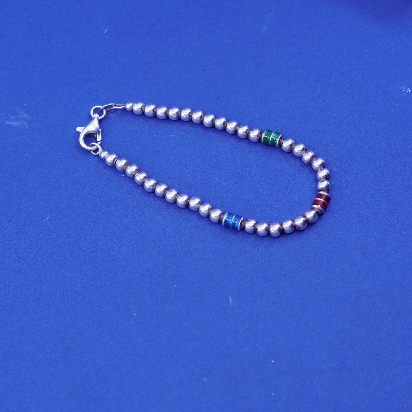 6.75”, vintage sterling 925 silver handmade beads bracelet with enamel