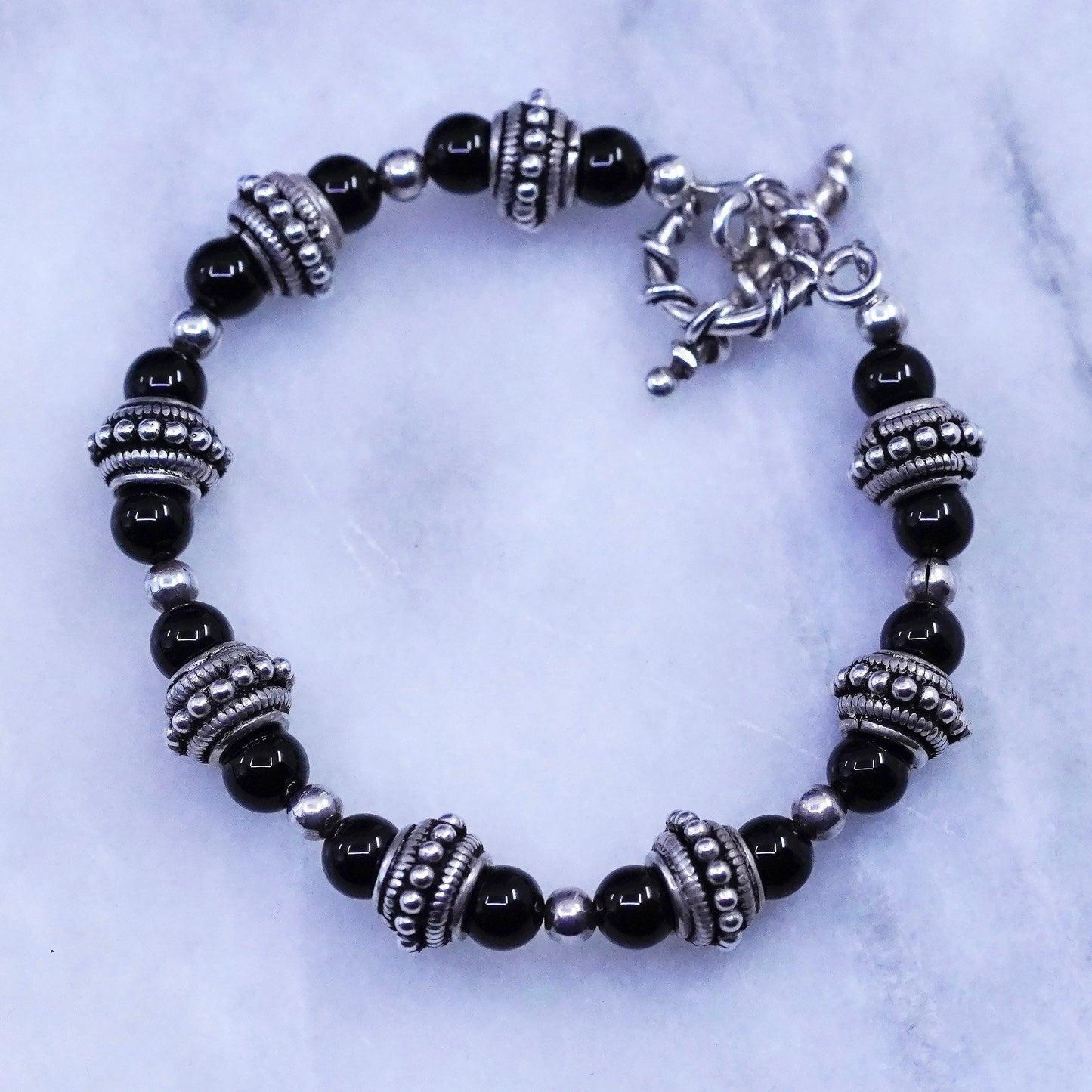 6.5”, vintage sterling 925 silver handmade Bali bracelet with obsidian beads