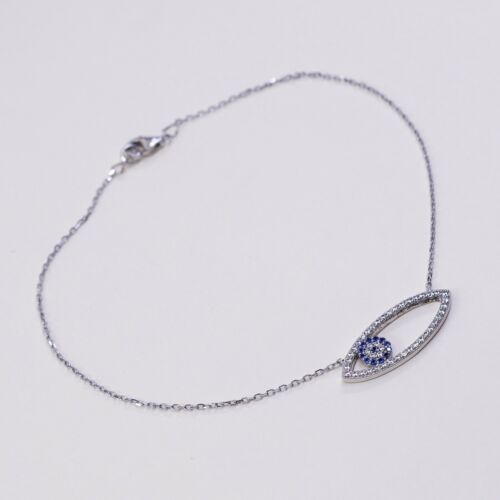 9.25” Vtg Sterling Silver Bracelet, 925 Circle Chain W/ Evil Eye N Cluster Cz