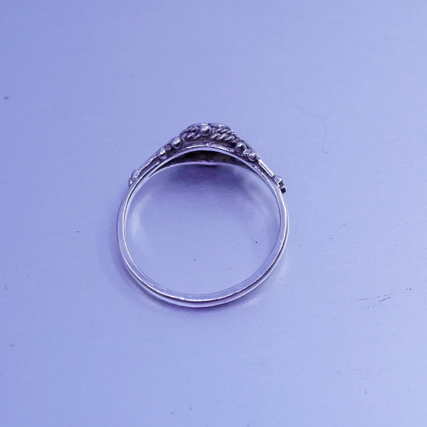 Size 7.75, vintage Sterling 925 silver handmade ring with heart pink Cz beads