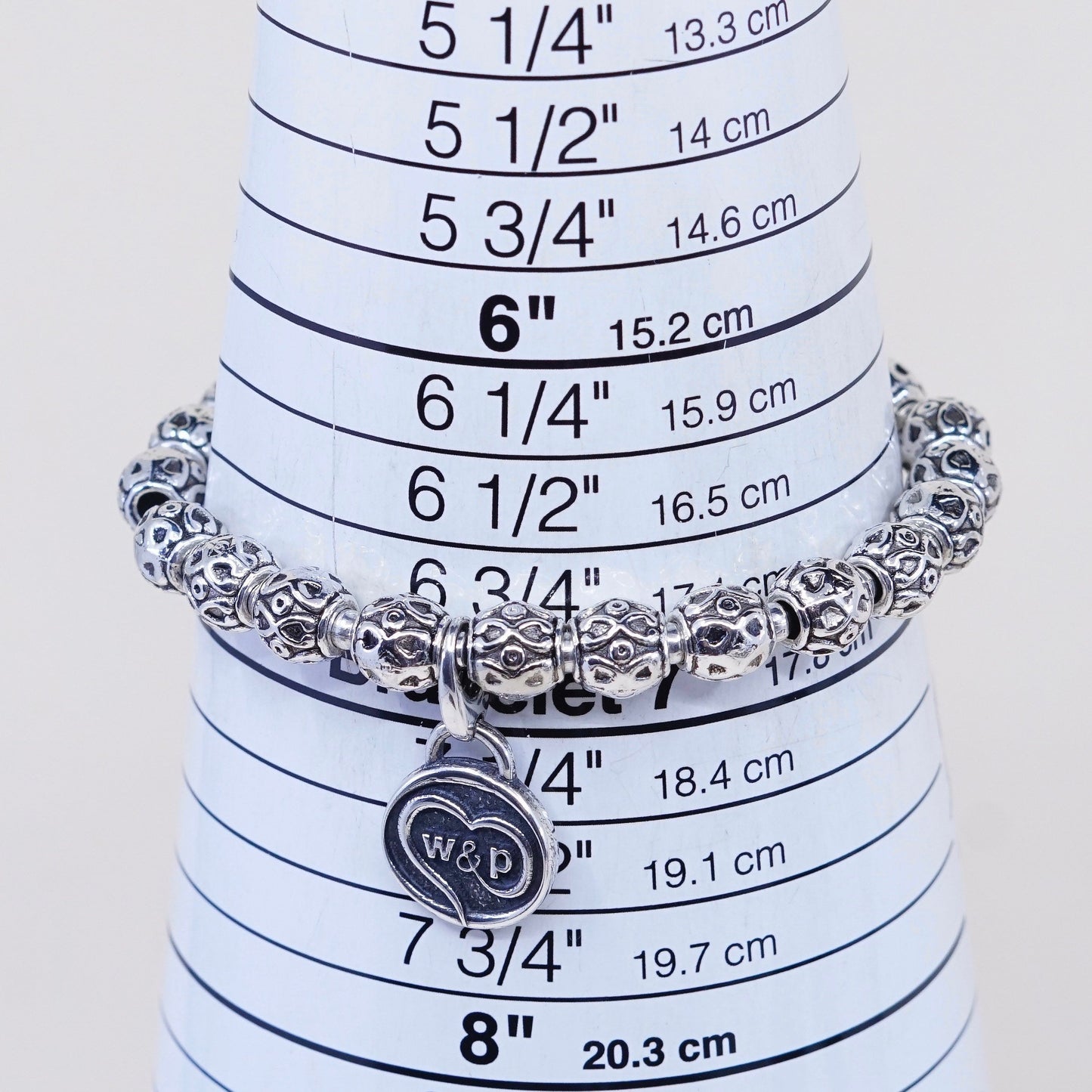 6.75”, sterling 925 silver handmade elastic bracelet textured beads N ASU charm