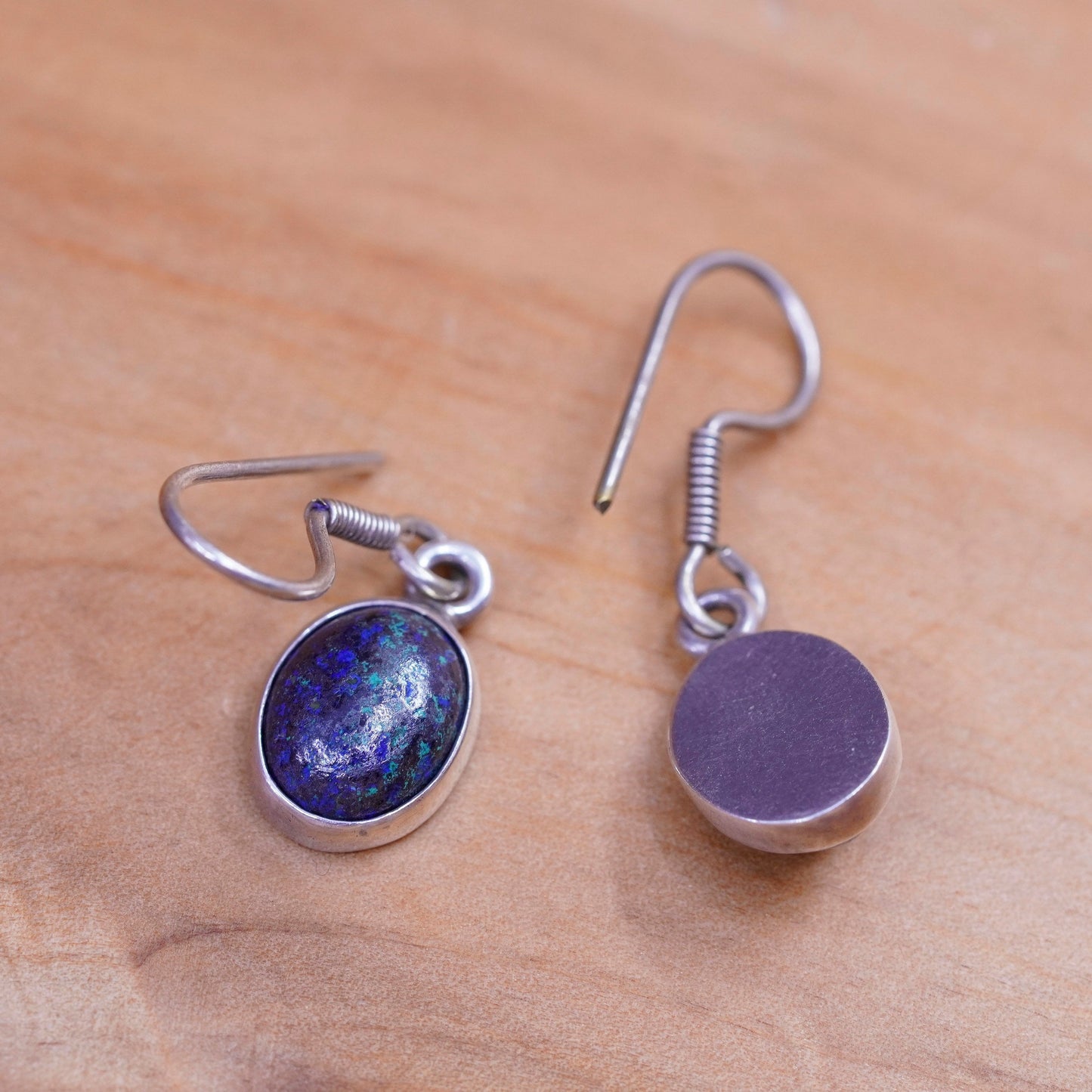 Vintage Sterling 970 silver handmade earrings with oval azurite