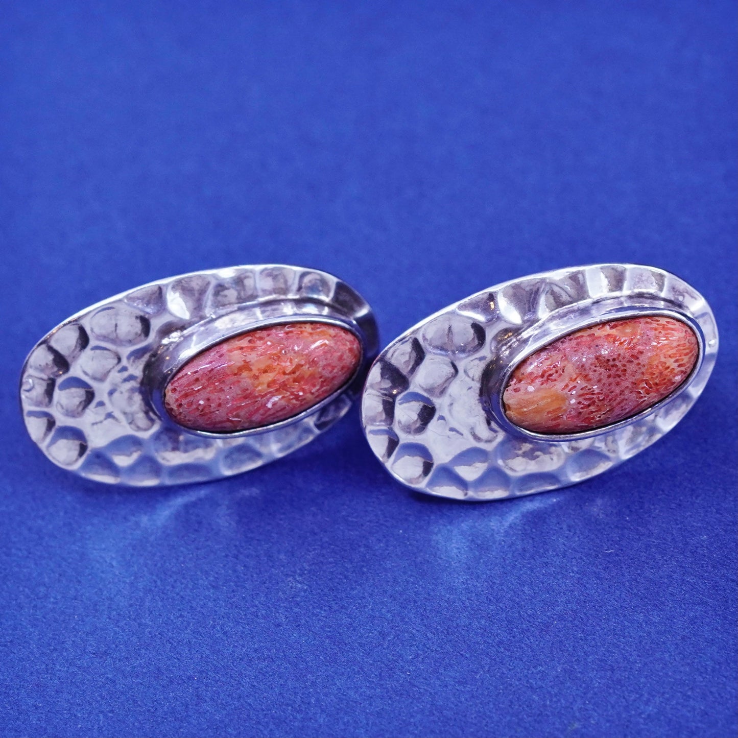 Native American Sterling silver earrings, 925 oval hammered studs with coral