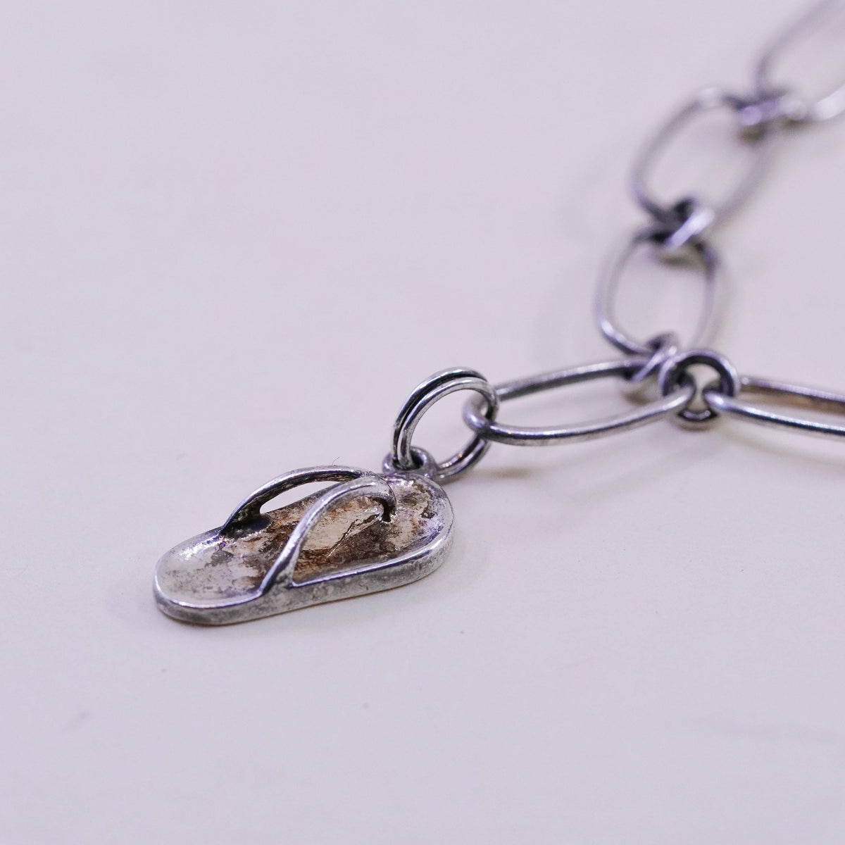 8.25”, Vintage sterling silver handmade bracelet, 925 oval chain sandal charm