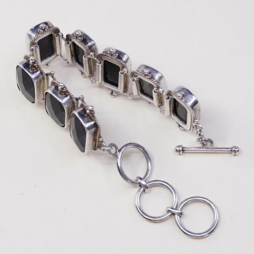 6”+1”, Vintage Mexico Sterling 925 silver Bracelet W/ Checker Obsidian Inlay