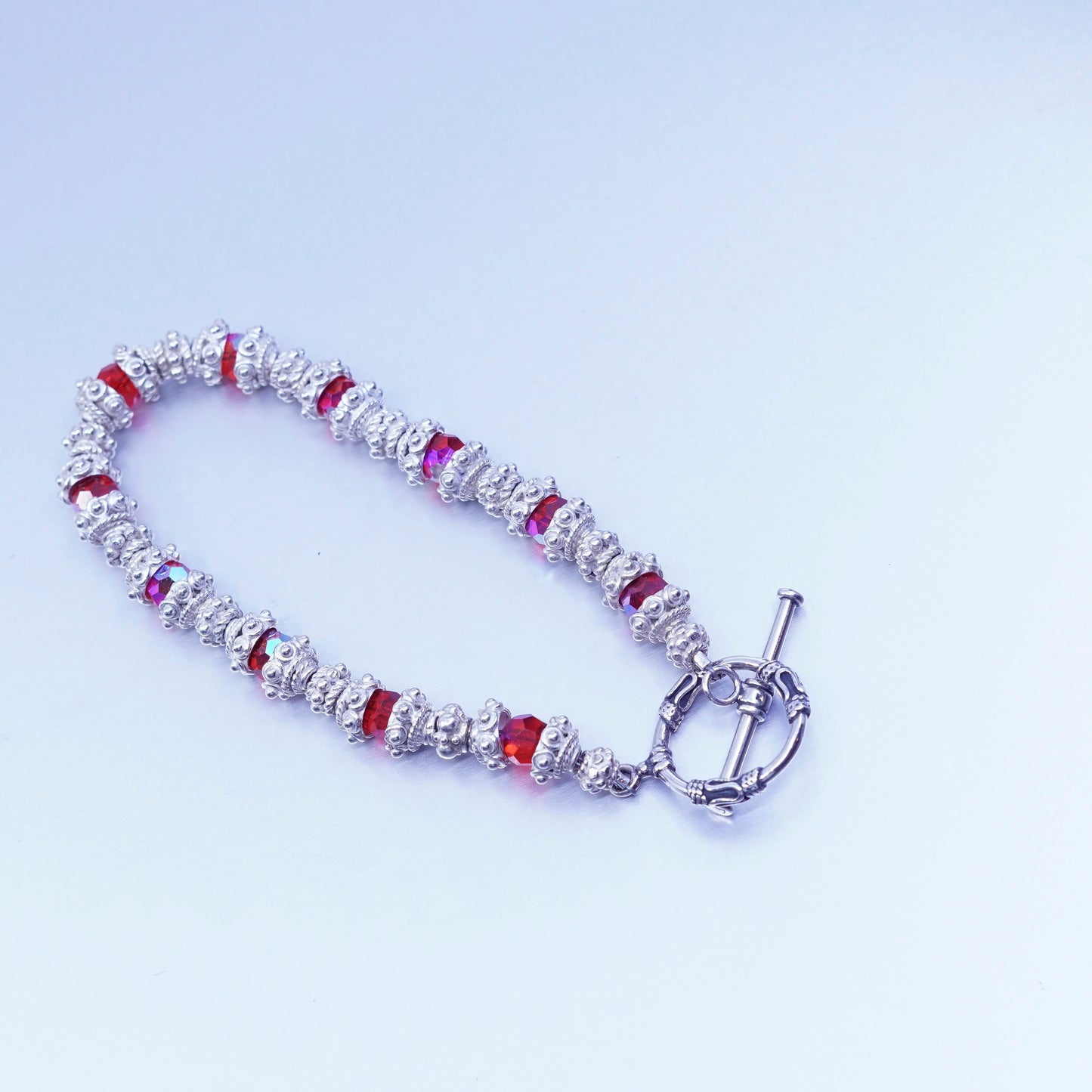 7”, vintage Nepal handmade Sterling 925 silver bracelet with red rhinestone