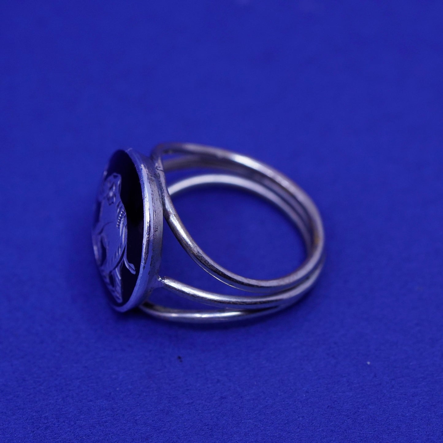 Size 7.25, vintage silver tone handmade ring, 925 elephant band with black enamel