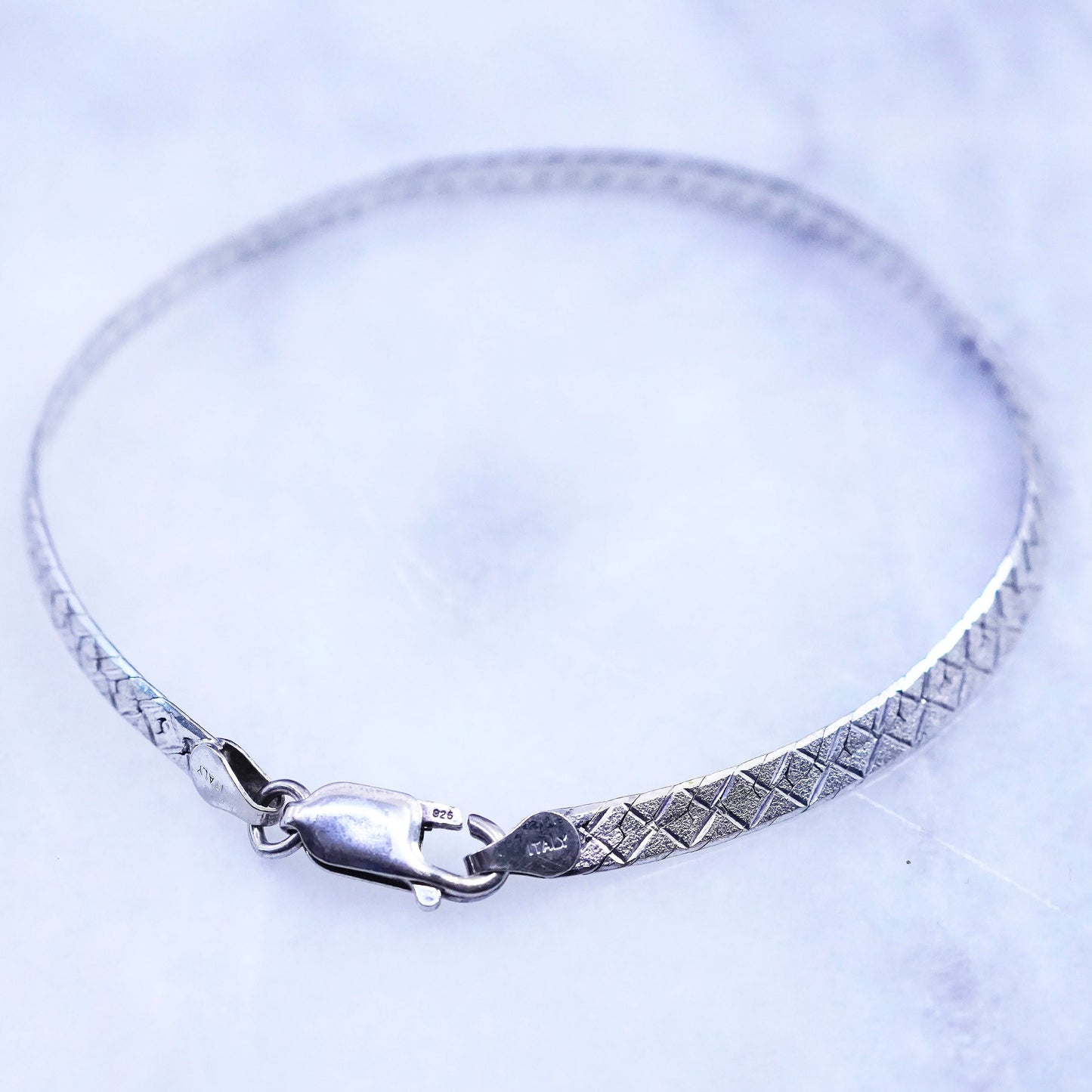 8”, vintage Sterling silver handmade bracelet, textured 925 herringbone chain
