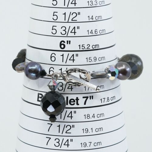 6.5”, Vtg Sterling Silver Handmade bracelet With Gray Pearl N Ceystal Beads