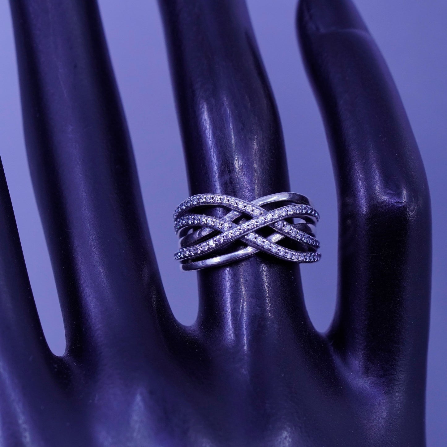 Size 5, vintage Sterling 925 silver handmade band ring with cluster Cz