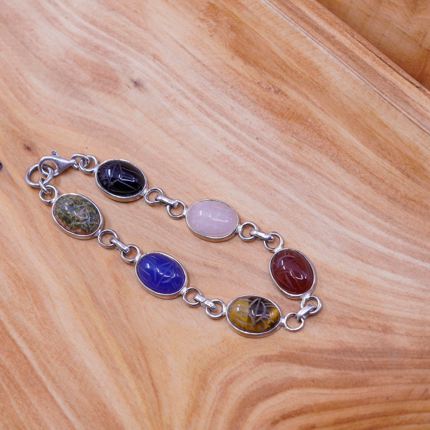 7”, sterling 925 silver carved bracelet, golden tiger eye jasper carnelian jade