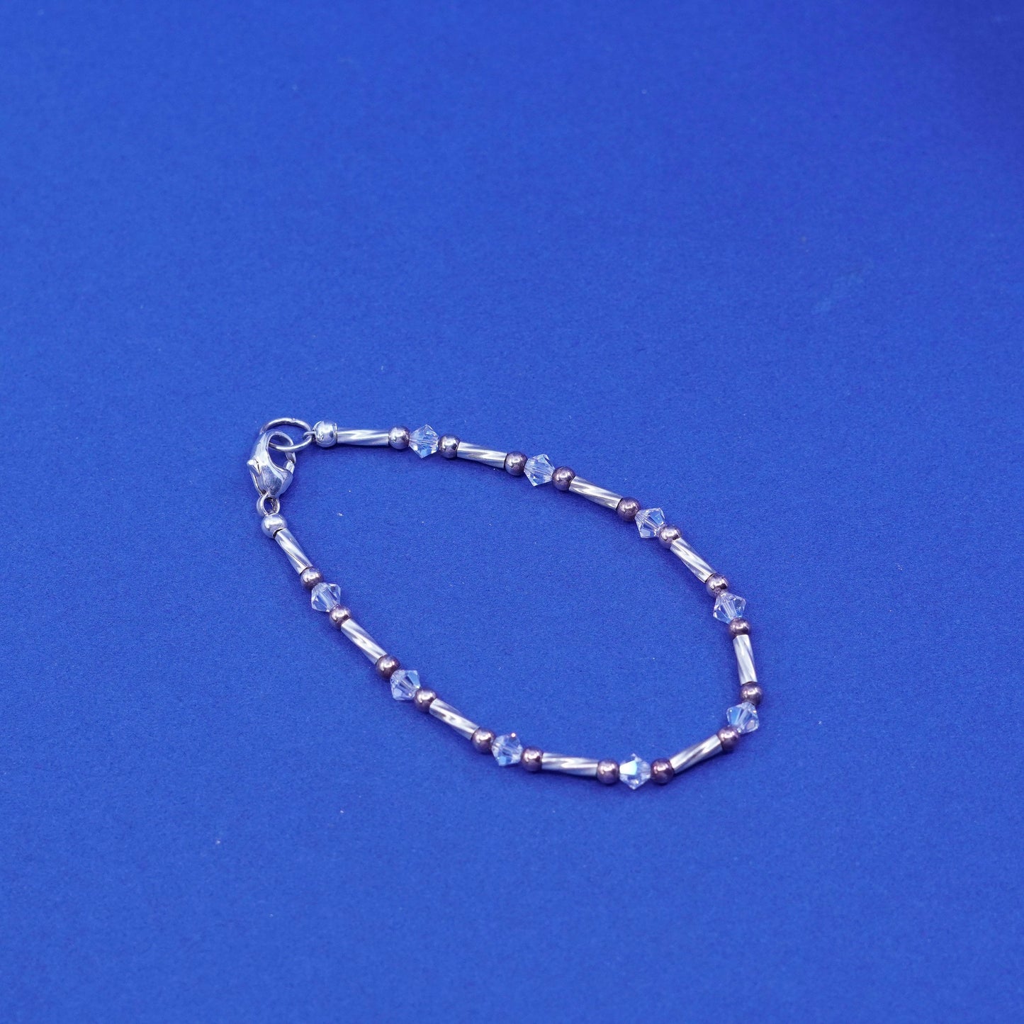 6.25”, Sterling silver handmade bracelet, 925 twisted bar w/ Swarovski crystal