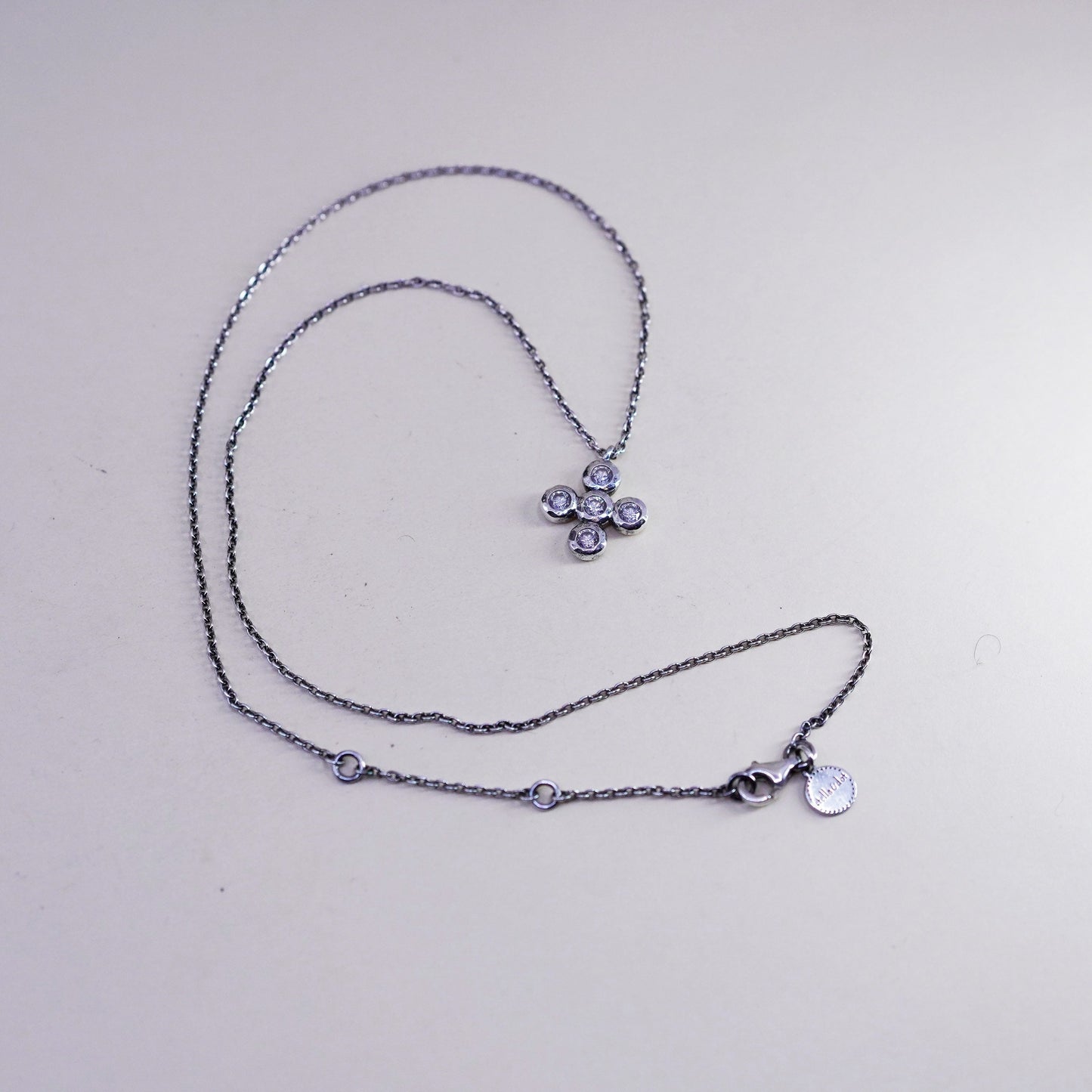 15+2”, Stella dot sterling 925 silver circle chain cz cross pendant, necklace