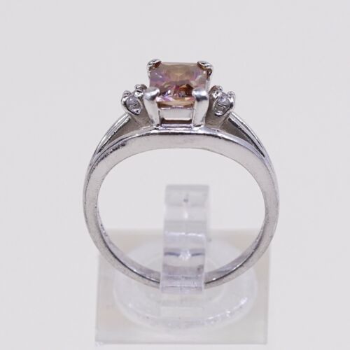 Sz 8, Vtg Sterling Silver Ring, 925 Silver Engagement Ring W/ Orange Crystal