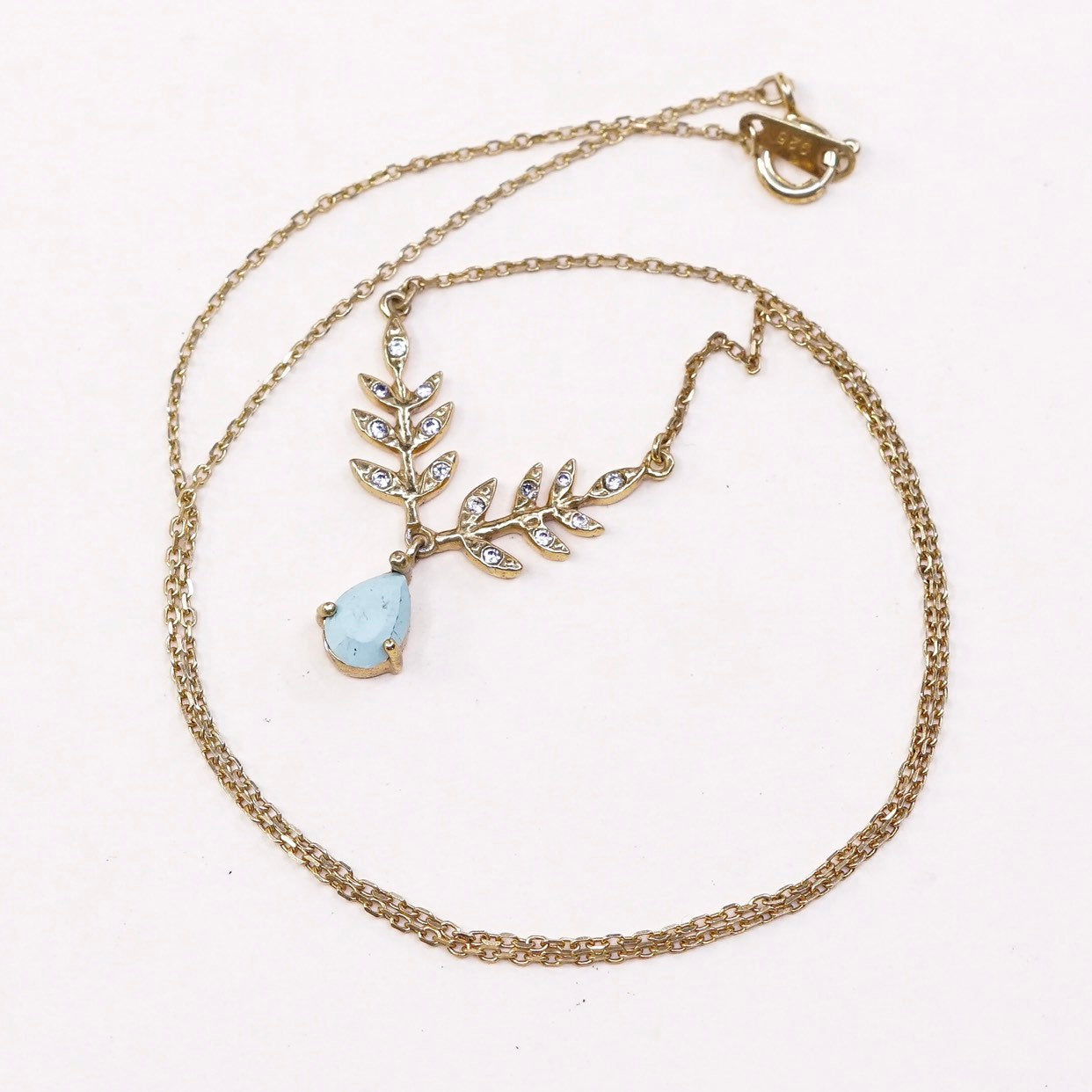16", gold sterling 925 silver necklace chain w/ leaves pendant N turquoise
