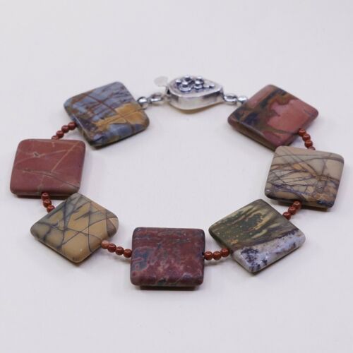 7.25”, Vintage Sterling Silver Handmade Bracelet, 925 Silver Toggle W/ Jasper