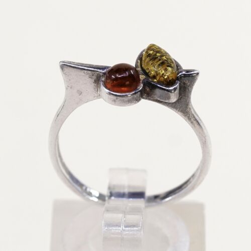 Sz 7.25, Orangle Amber Cabochon Sterling Silver Solitaire Ring, Stamped 925