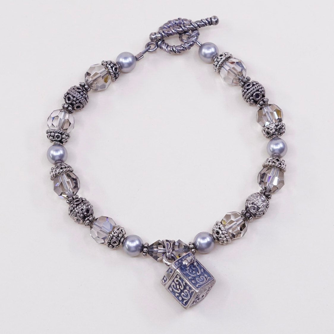 7", Sterling silver handmade bracelet 925 beads w crystal pearl N prayer locket