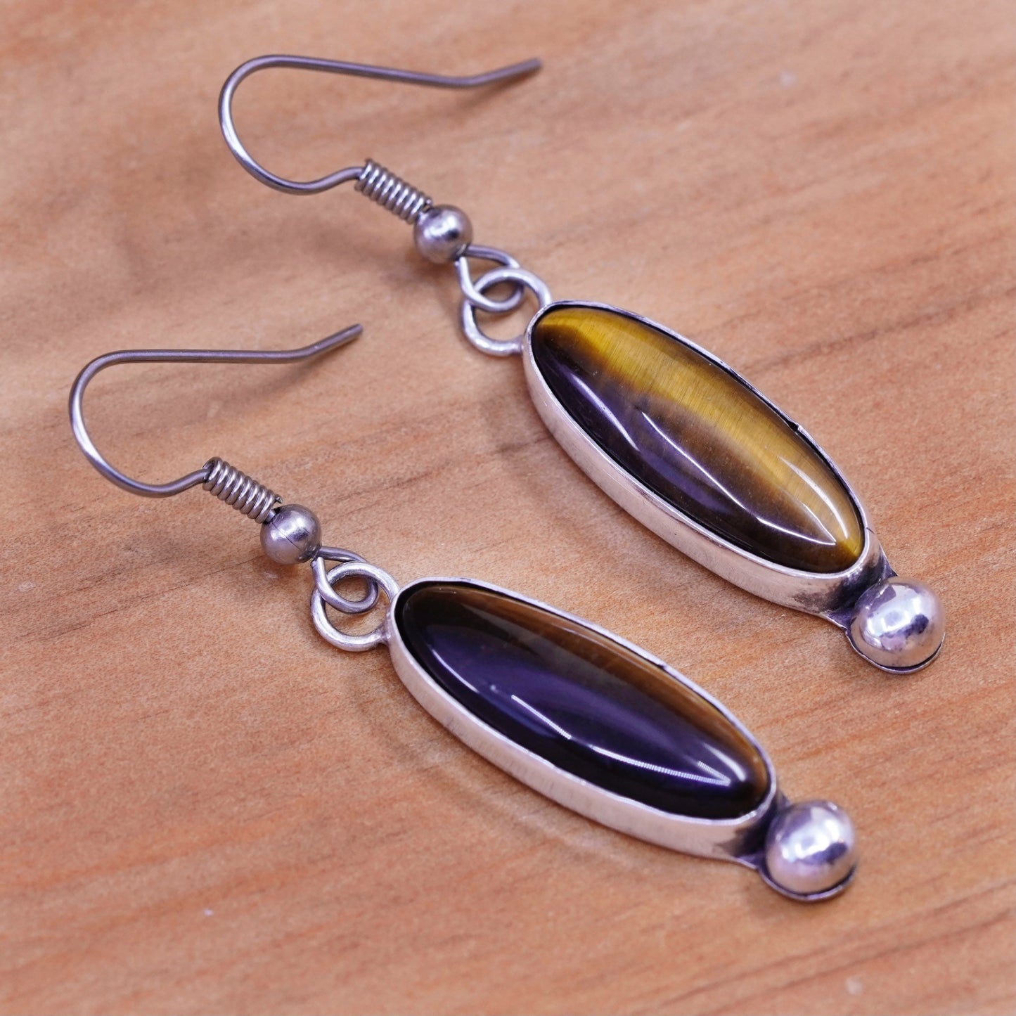 Vintage Sterling 925 silver handmade earrings golden cat’s eye drops and beads
