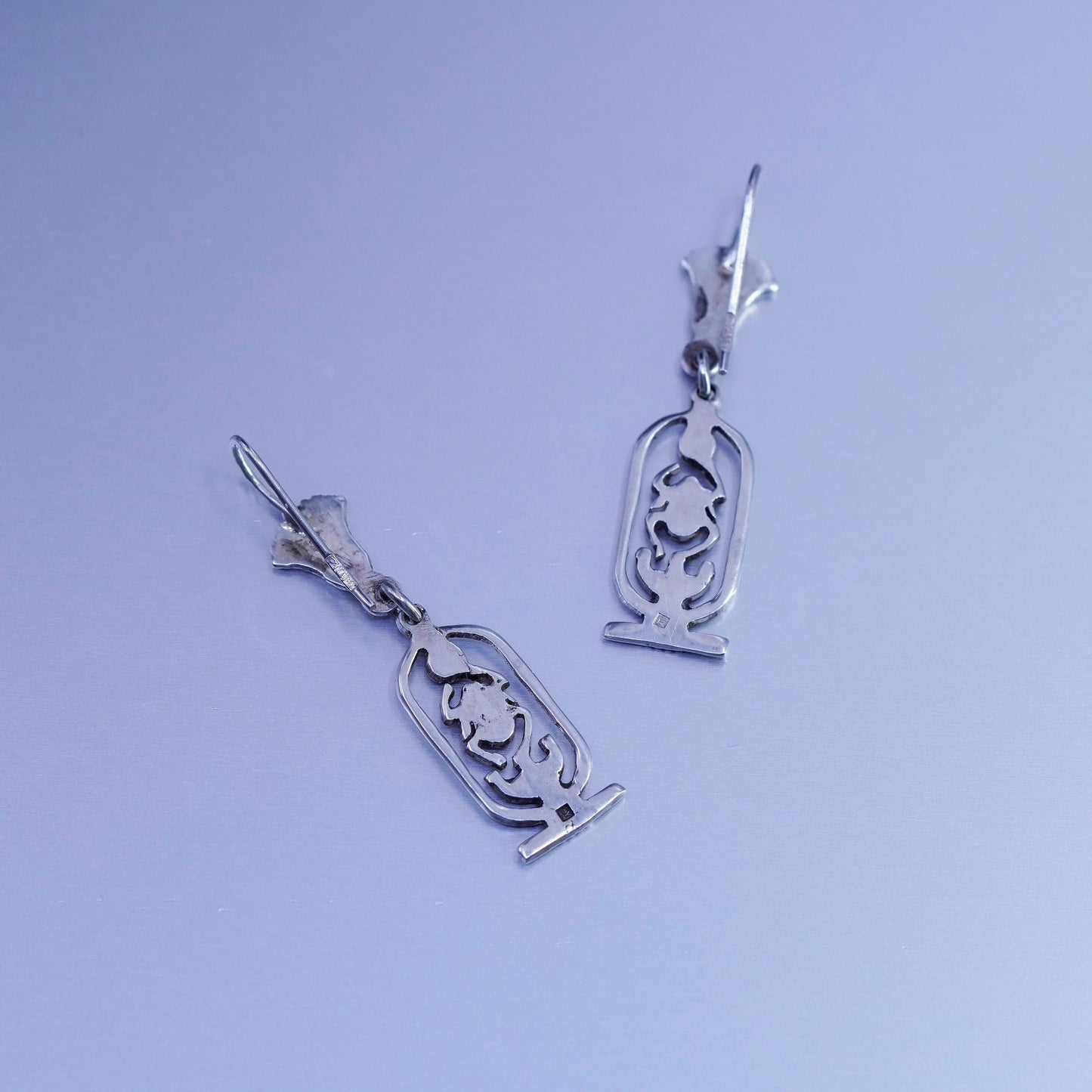 vtg Egyptian Sterling silver handmade earrings, 925 Scarab dung beetle dangles