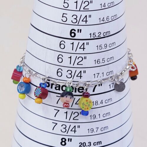 7” Vtg Imagine Sterling Silver Handmade Bracelet, 925 chain w/ Colorful charms