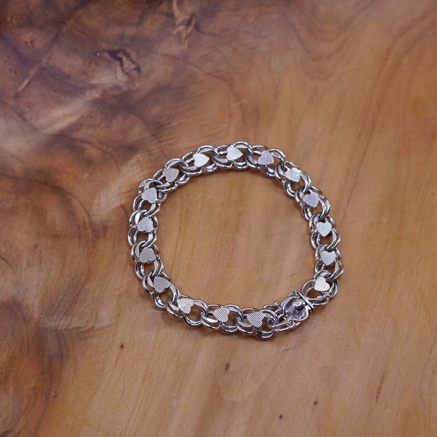6.5”, vtg Sterling silver handmade double curb bracelet, 925 charm heart chain