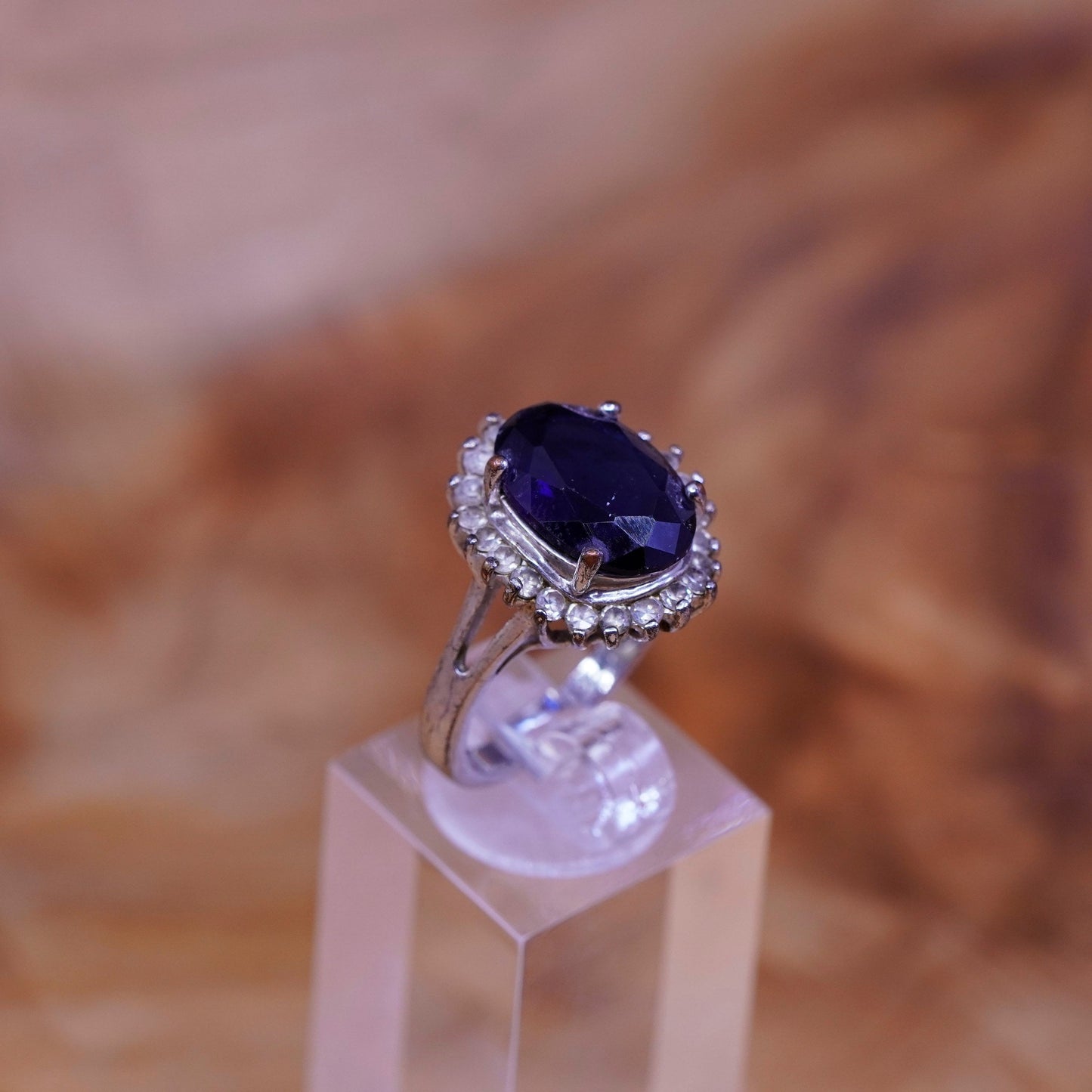 Size 7, vintage Sterling silver handmade ring, 925 with crystal and sapphire