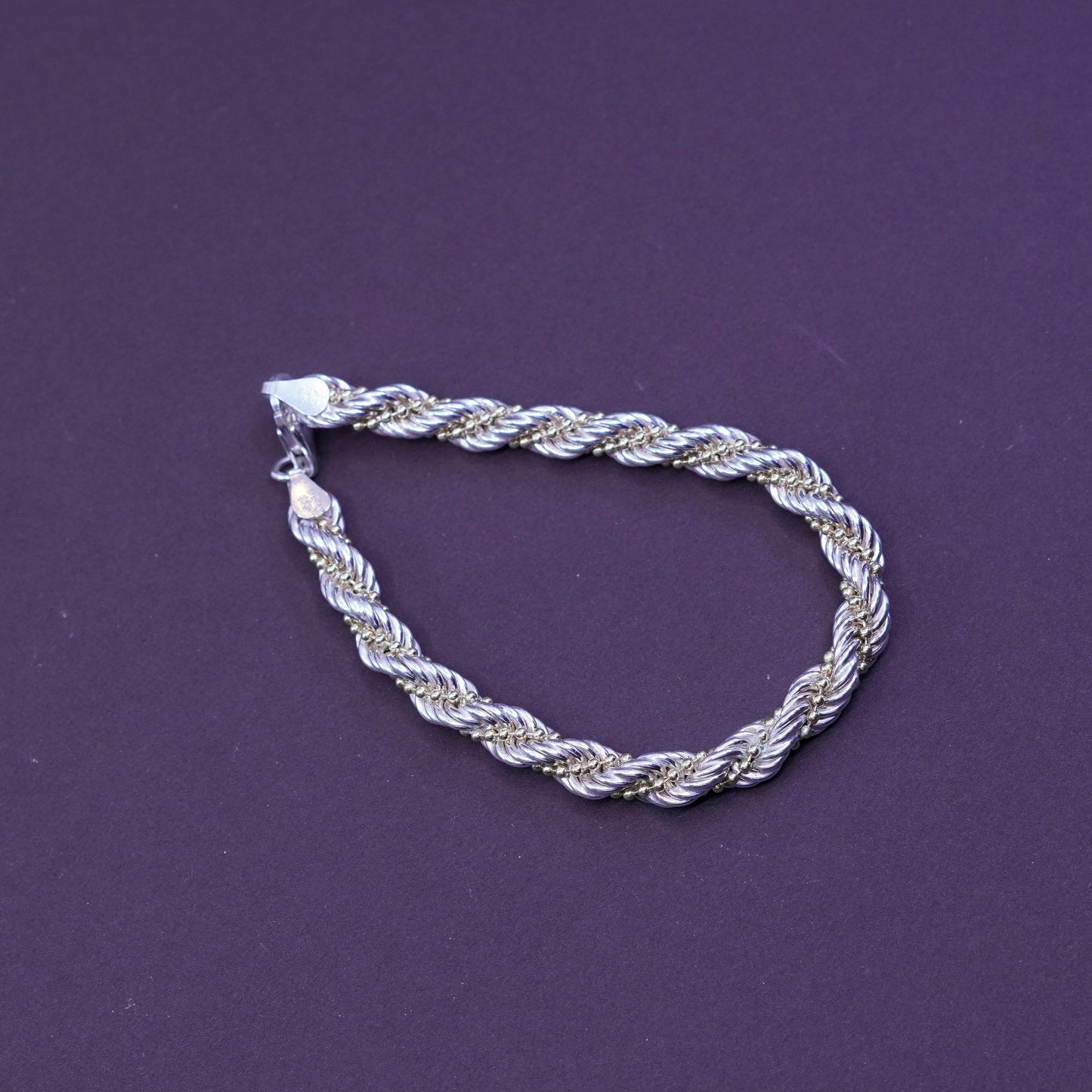 7”, Sterling silver bracelet, Italy 925 rope twisted with 14K gold beads chain
