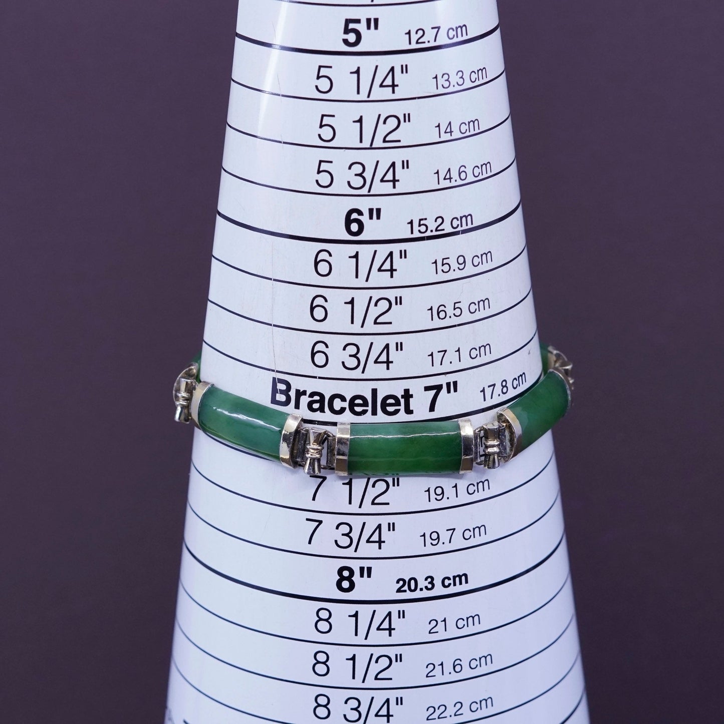 7.25”, vtg vermeil gold over Sterling 925 silver tennis bracelet w/ green jade