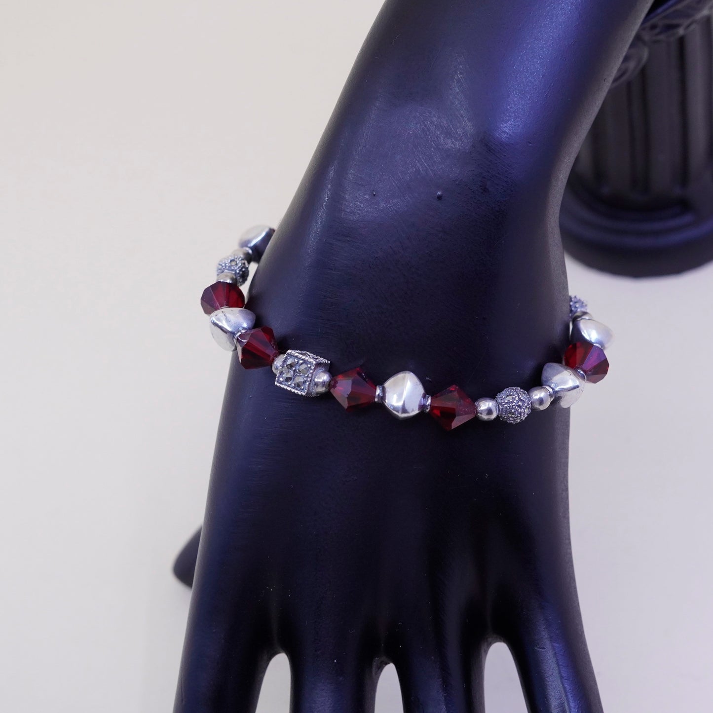 6.75”, handmade bracelet, ruby with sterling 925 silver beads N toggle closure