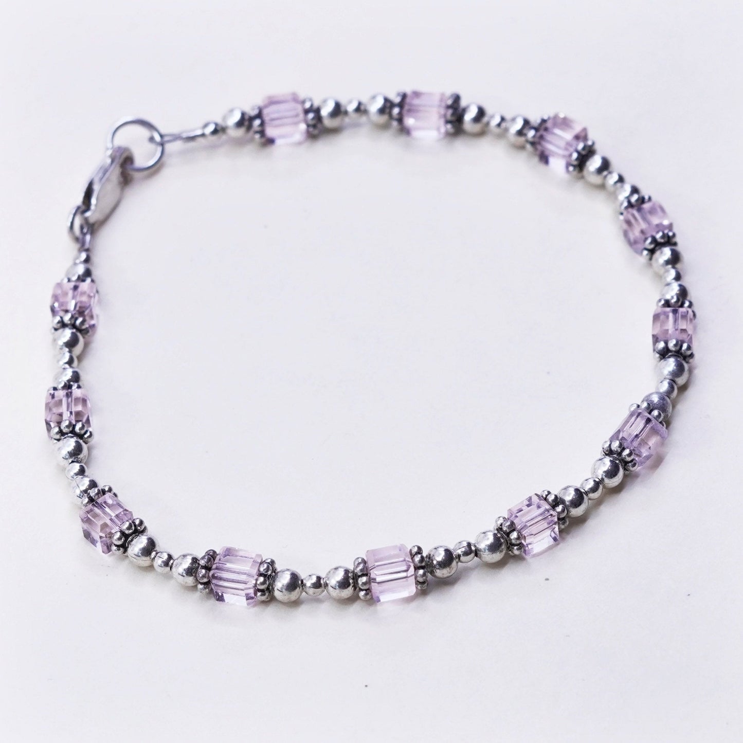 7.5”, Vintage Sterling 925 silver bracelet with pink crystals beads