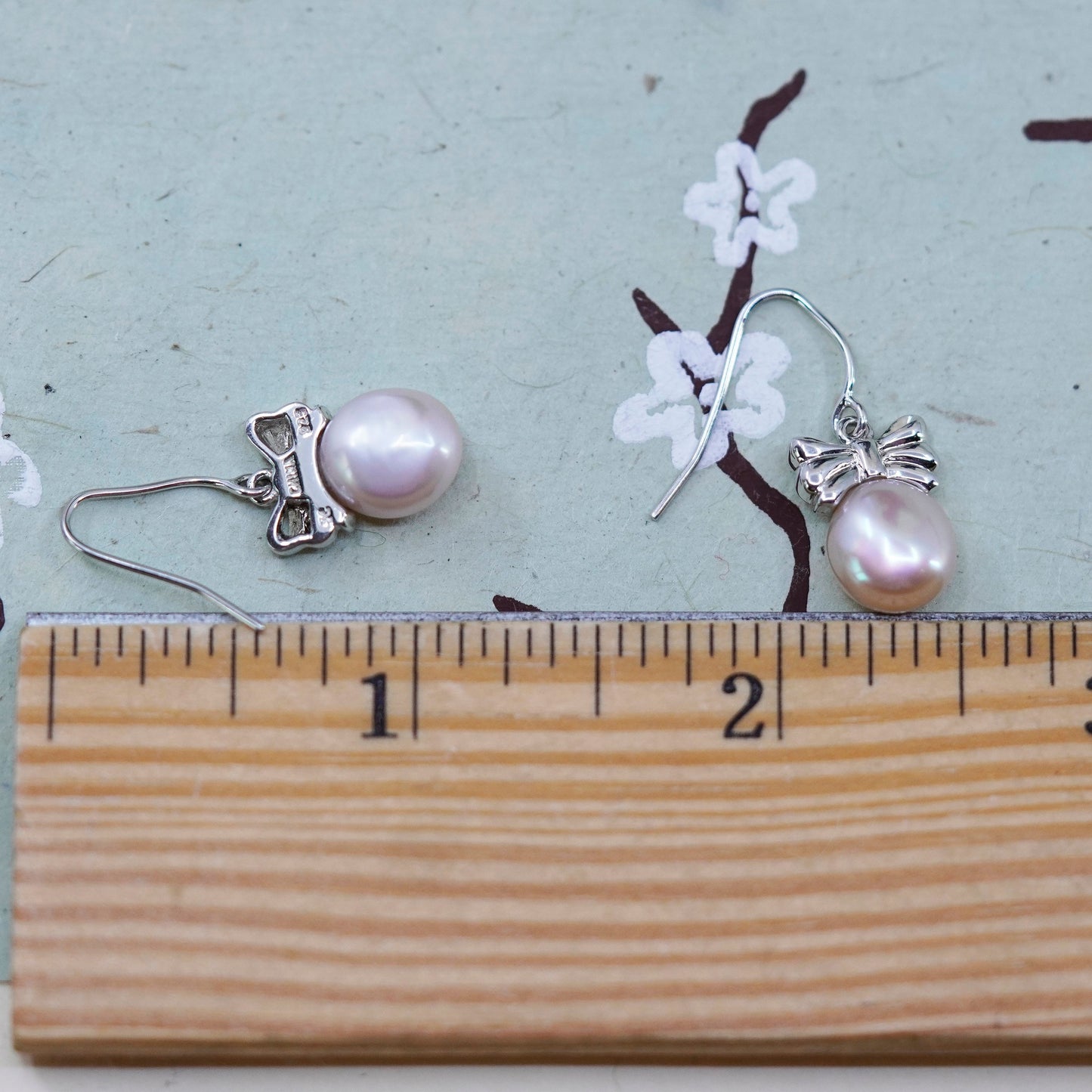 Vintage Sterling 925 silver handmade ribbon bowtie earrings with pearl beads