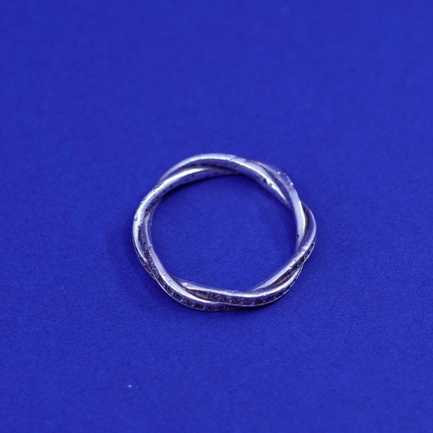 Size 8.5, vintage ALE sterling silver handmade ring, 925 entwined band with cz