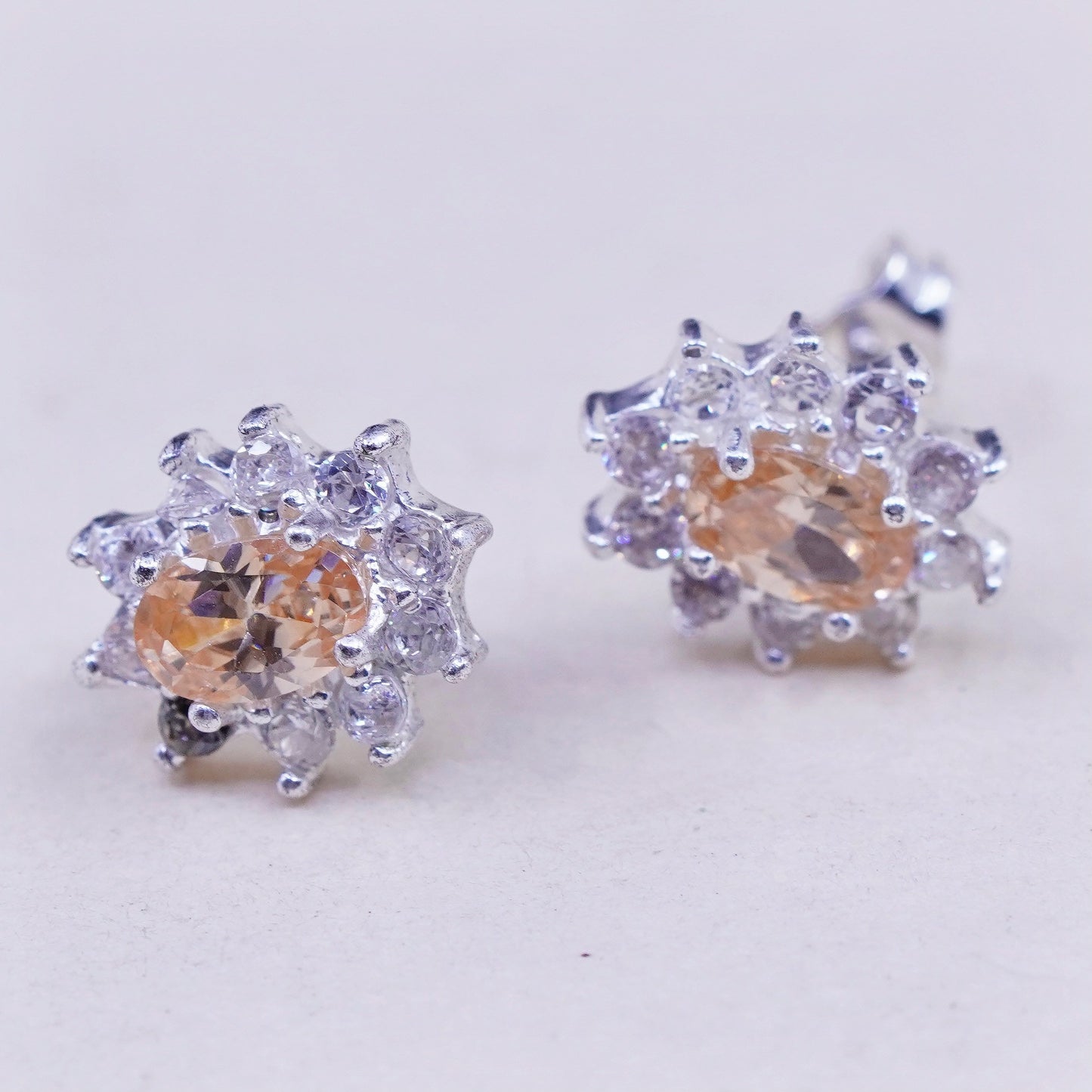 Vintage sterling silver studs earrings with citrine and cz around, earrings