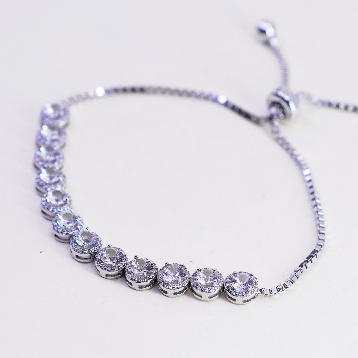 Size adjustable, Vintage sterling silver bracelet, 925 box chain w/ cluster cz