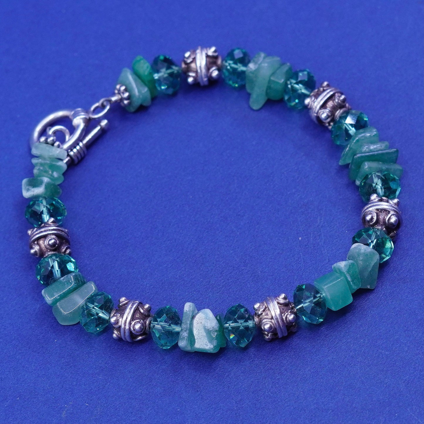 7.5”, vintage Sterling silver handmade bracelet, 925 beads with jade nuggets