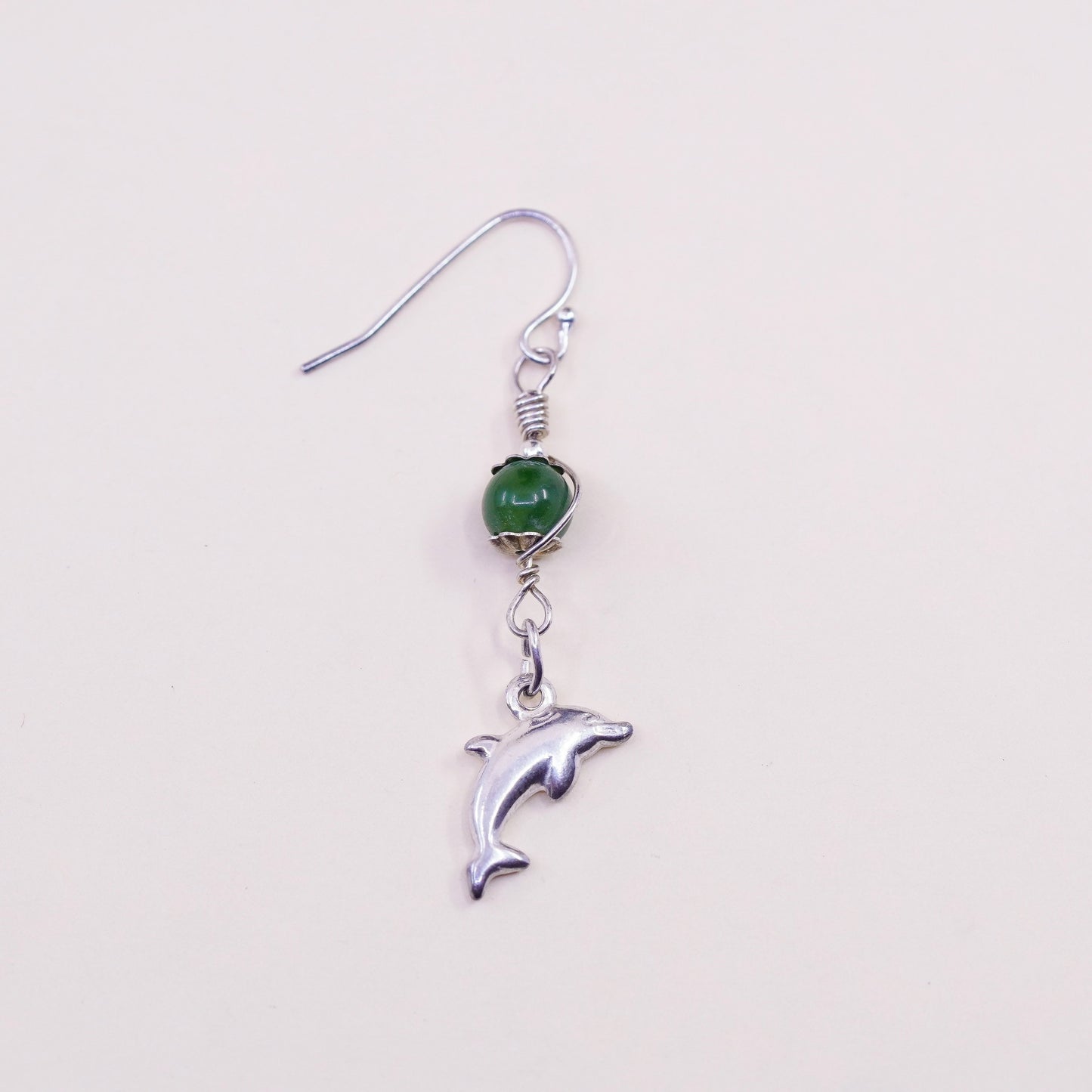 Vintage sterling 925 silver handmade dolphin drop earrings with jade bead