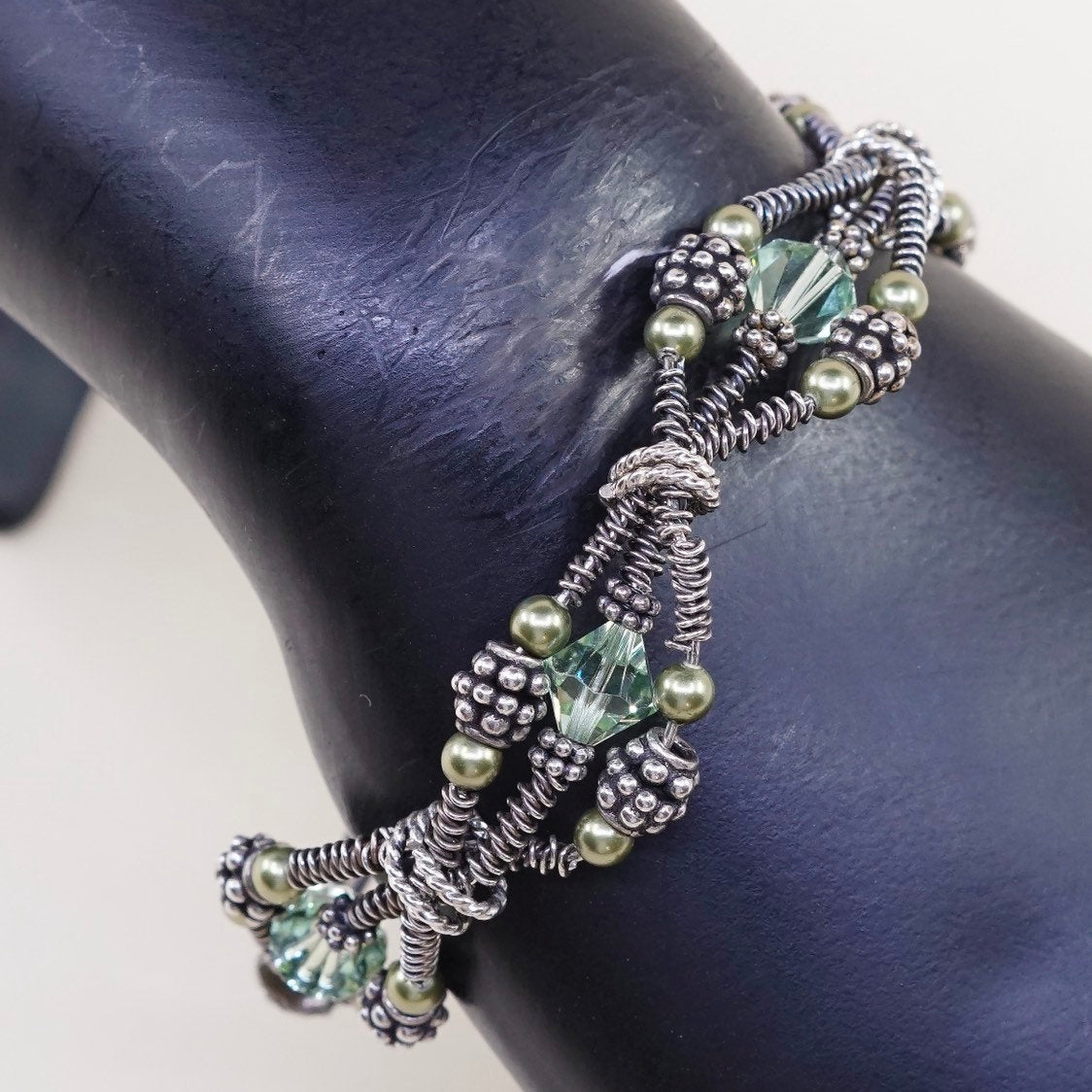 7", VTG sterling silver handmade bracelet, 925 bangle w/ beads N crystal