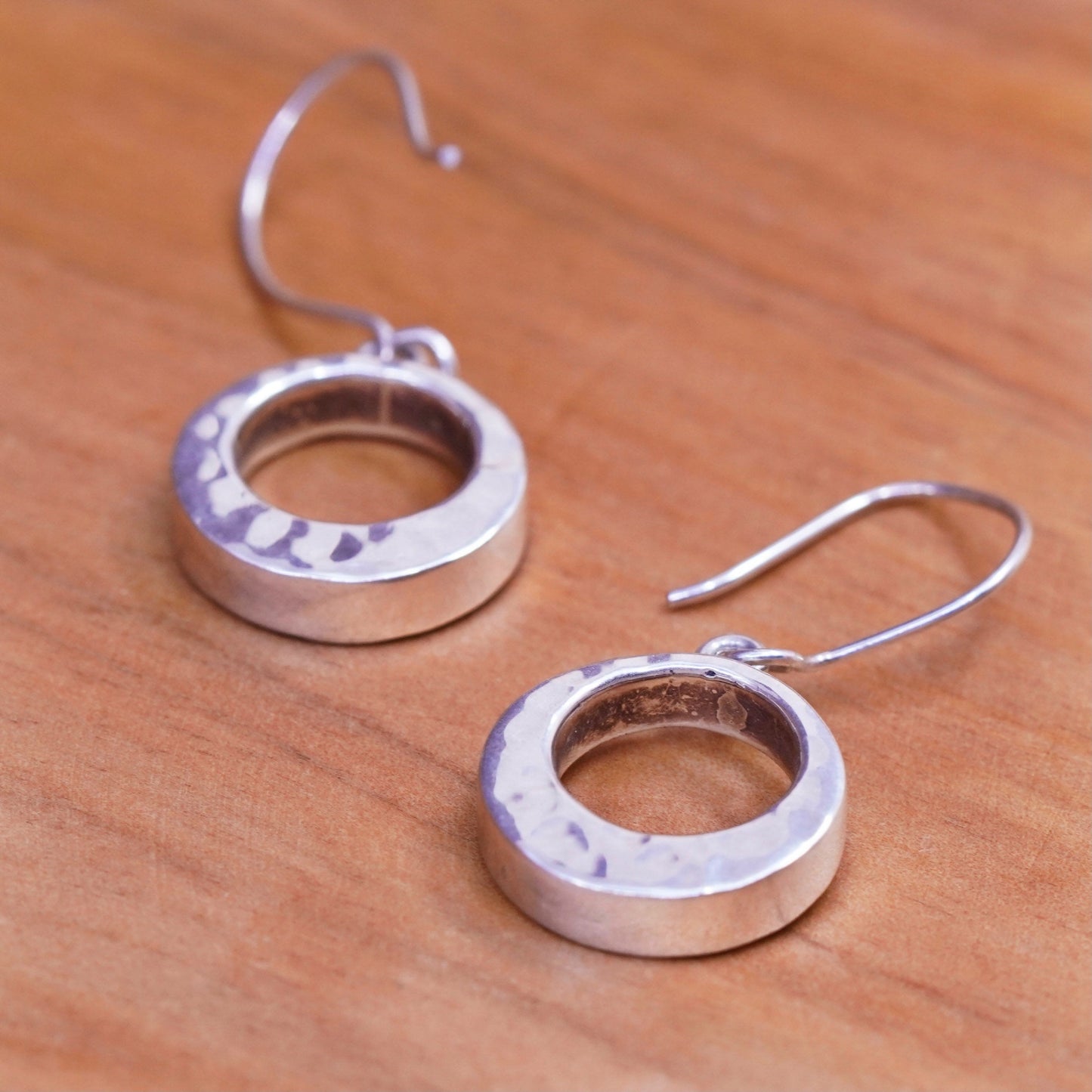Vintage handmade sterling silver earrings, 925 circle hammered dangle