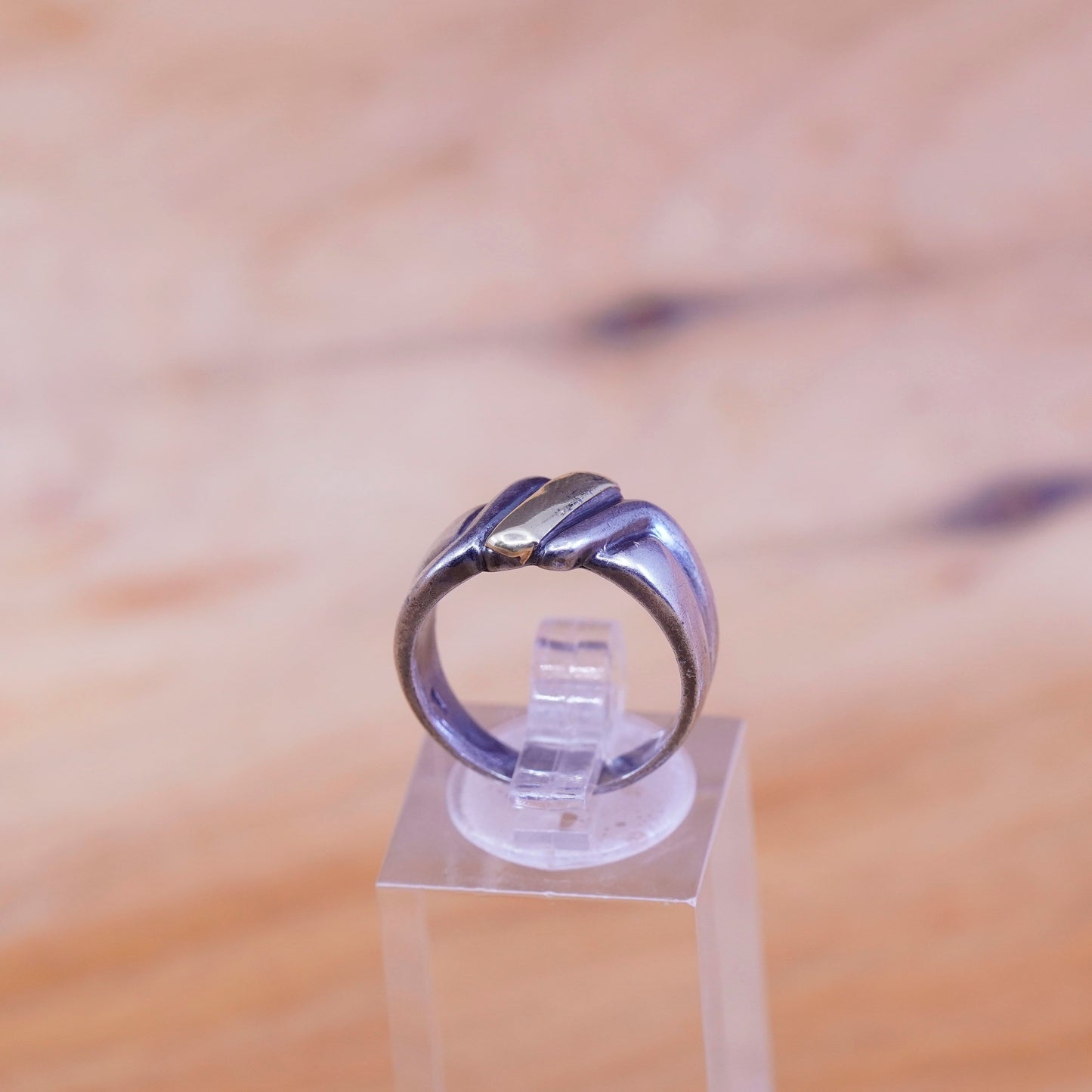 Size 6, modern Sterling 925 silver handmade ribbed ring with 14K gold accent
