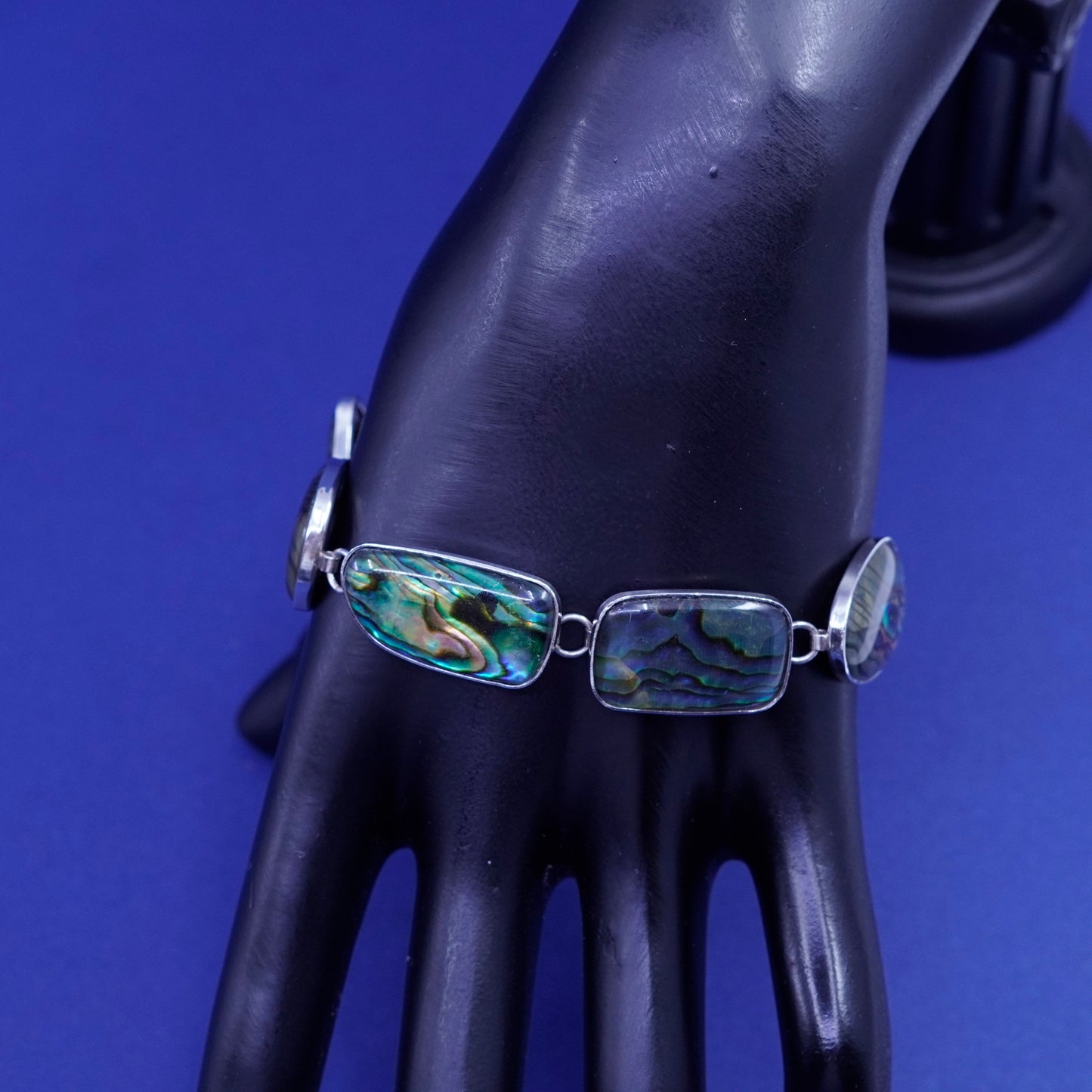 6.75+1”, vintage sterling 925 silver handmade bracelet abalone toggle closure