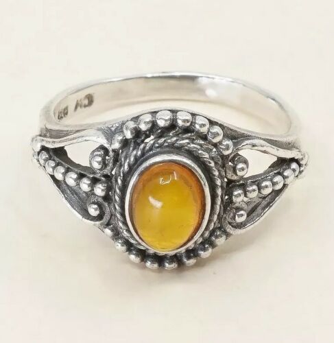 Sz 8, Orange Amber Cabochon Sterling Silver Solitaire Ring W/ Beads, Stamped 925