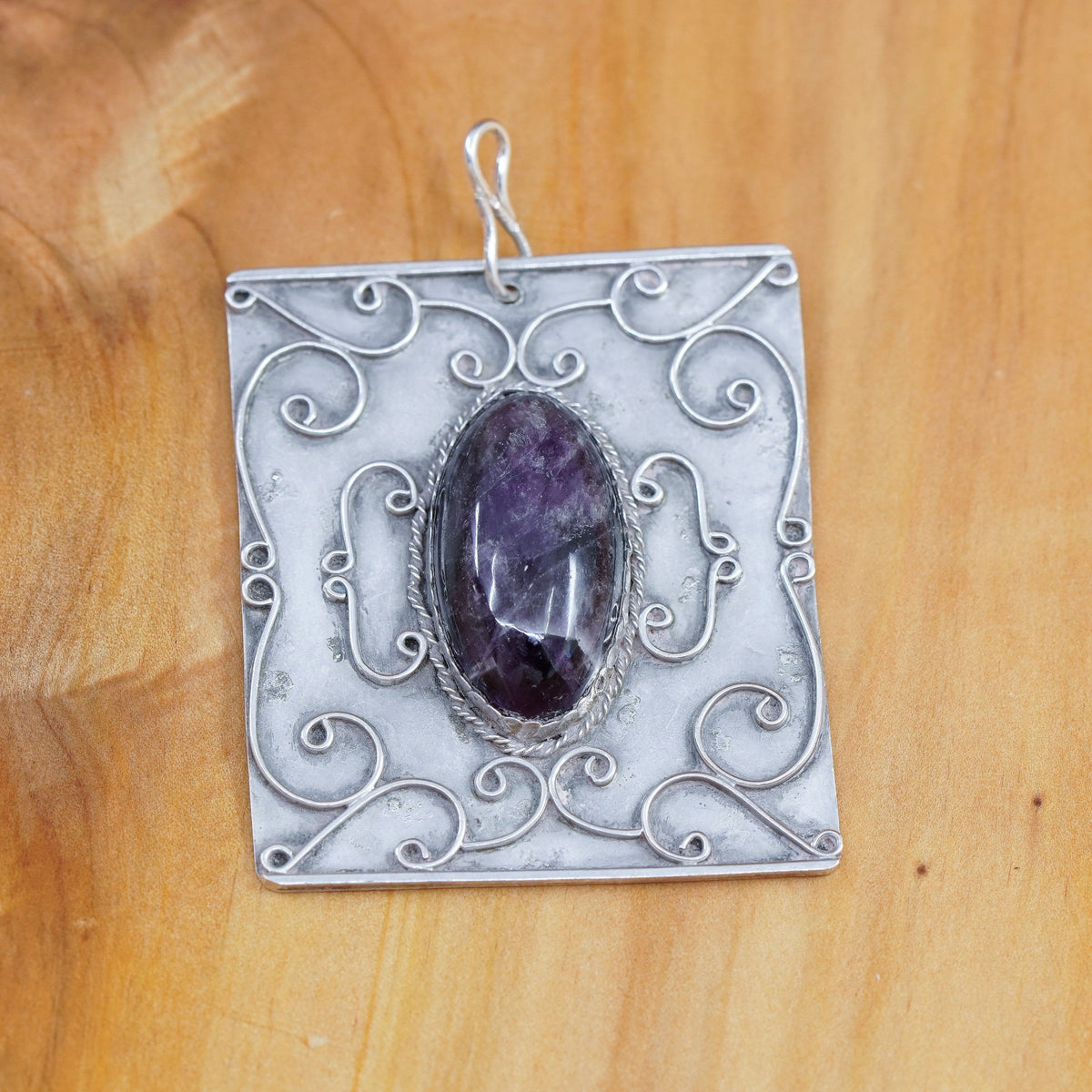 Vintage taxco Sterling silver handmade pendant, 980 charm oval amethyst cable