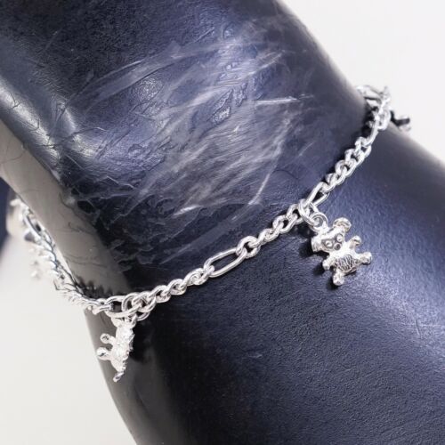 6.75”, 3mm, Vtg Sterling Silver Bracelet 925 Figaro Chain W/ Bear N Heart Charm