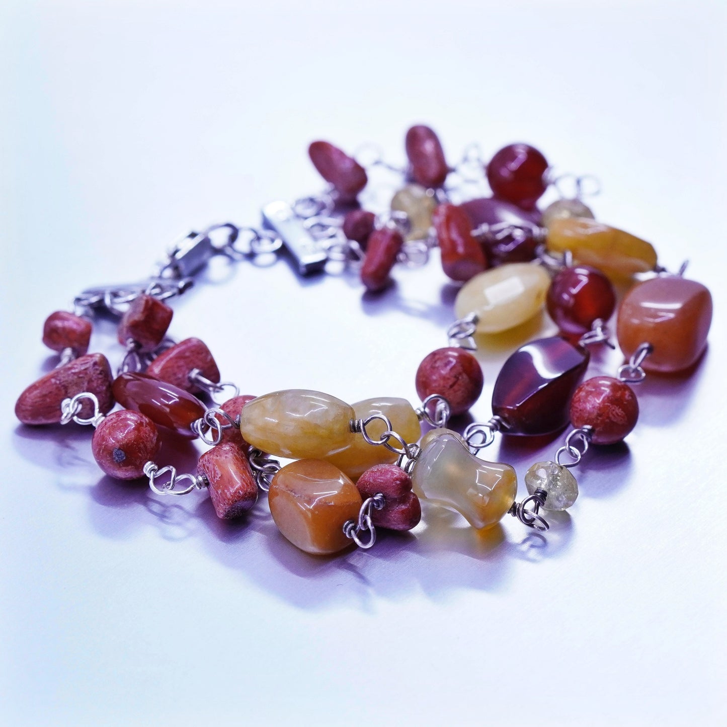 7”, vtg Sterling 925 silver beaded bracelet w/ agate coral citrine carnelian