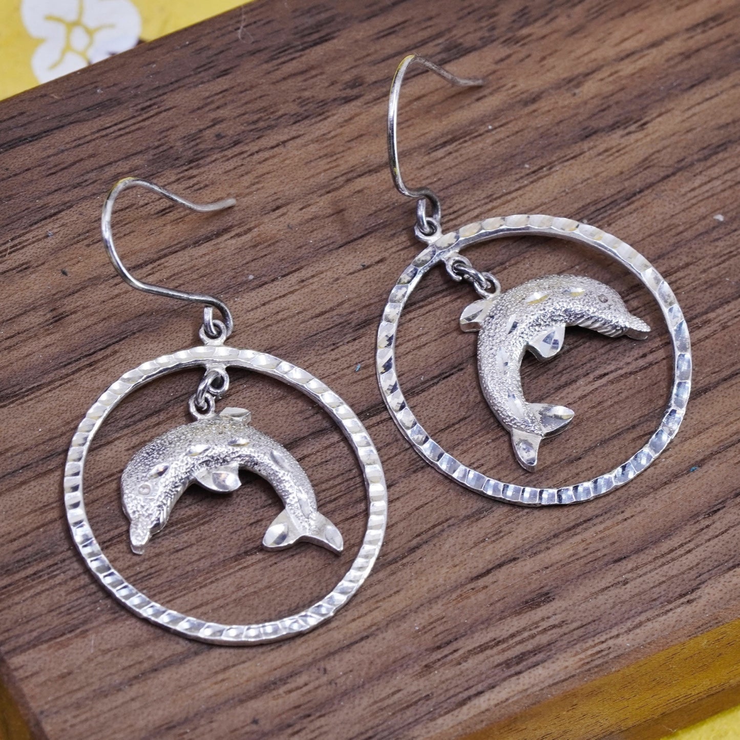 Vintage Sterling silver handmade earrings, 925 circle with dolphin dangle