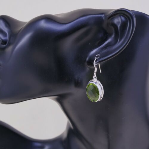 Vtg STERLING 925 SILVER Handmade earrings with Green Cushion Cut Crystal dangles