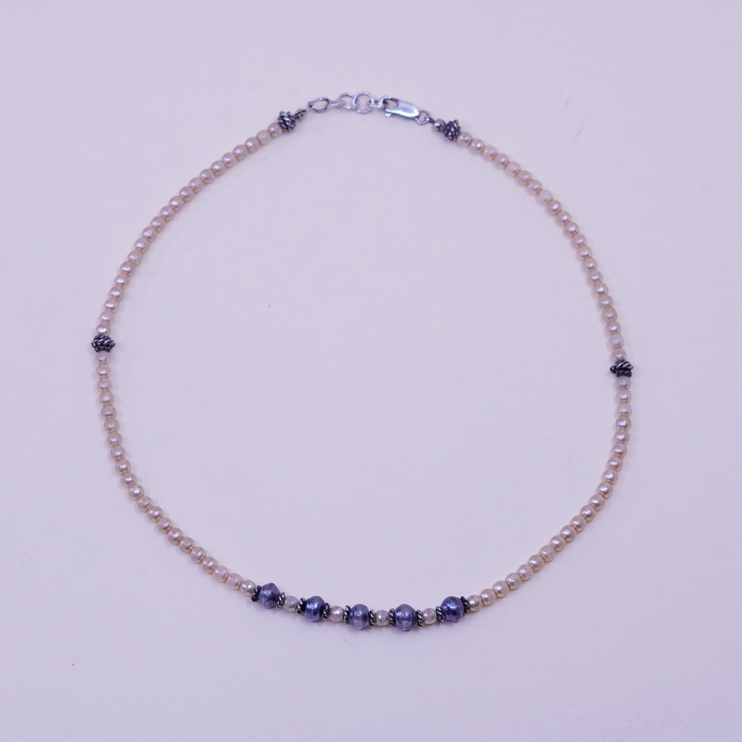 16”, Vintage faux pearl beads necklace chain with sterling 925 silver clasp