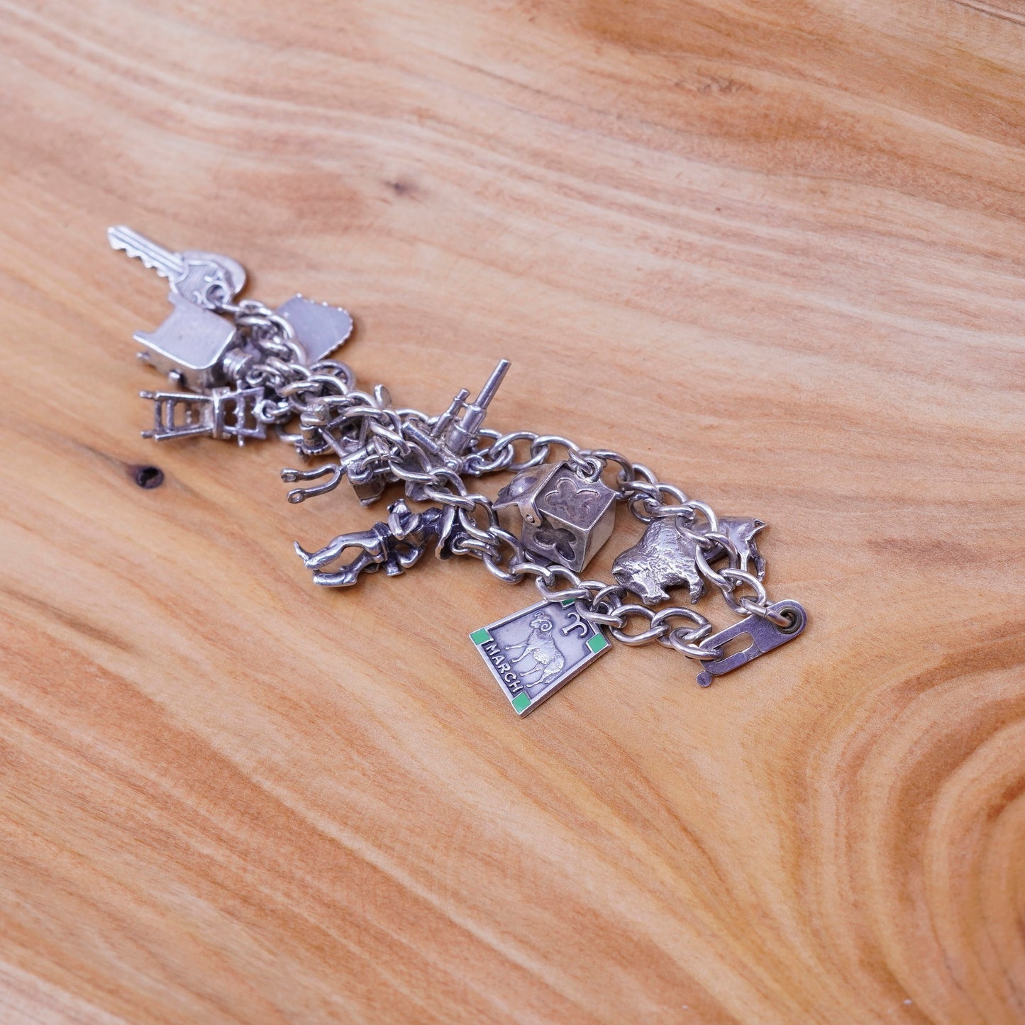 7”, 4mm, vintage Sterling silver handmade curb bracelet, 925 chain w/ 10 charms