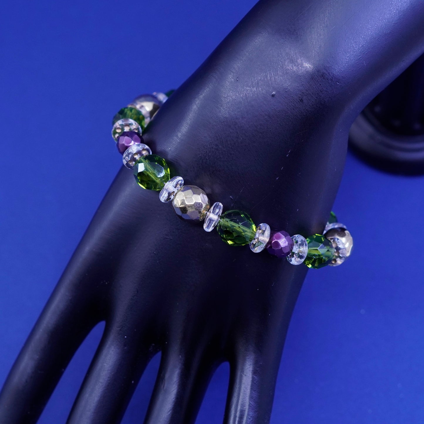 7”, Mexico sterling 925 silver handmade bracelet w/ crystal beads N toggle